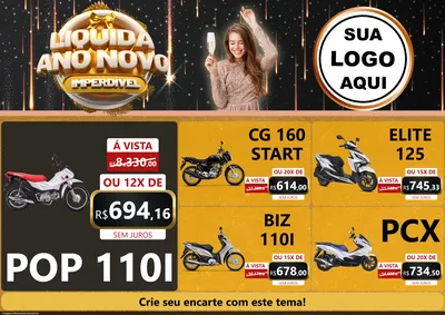 Modelo de Encarte para Encarte A4 Horizontal com o tema Liquida Ano Novo Imperdível para Concessionaria de Motos