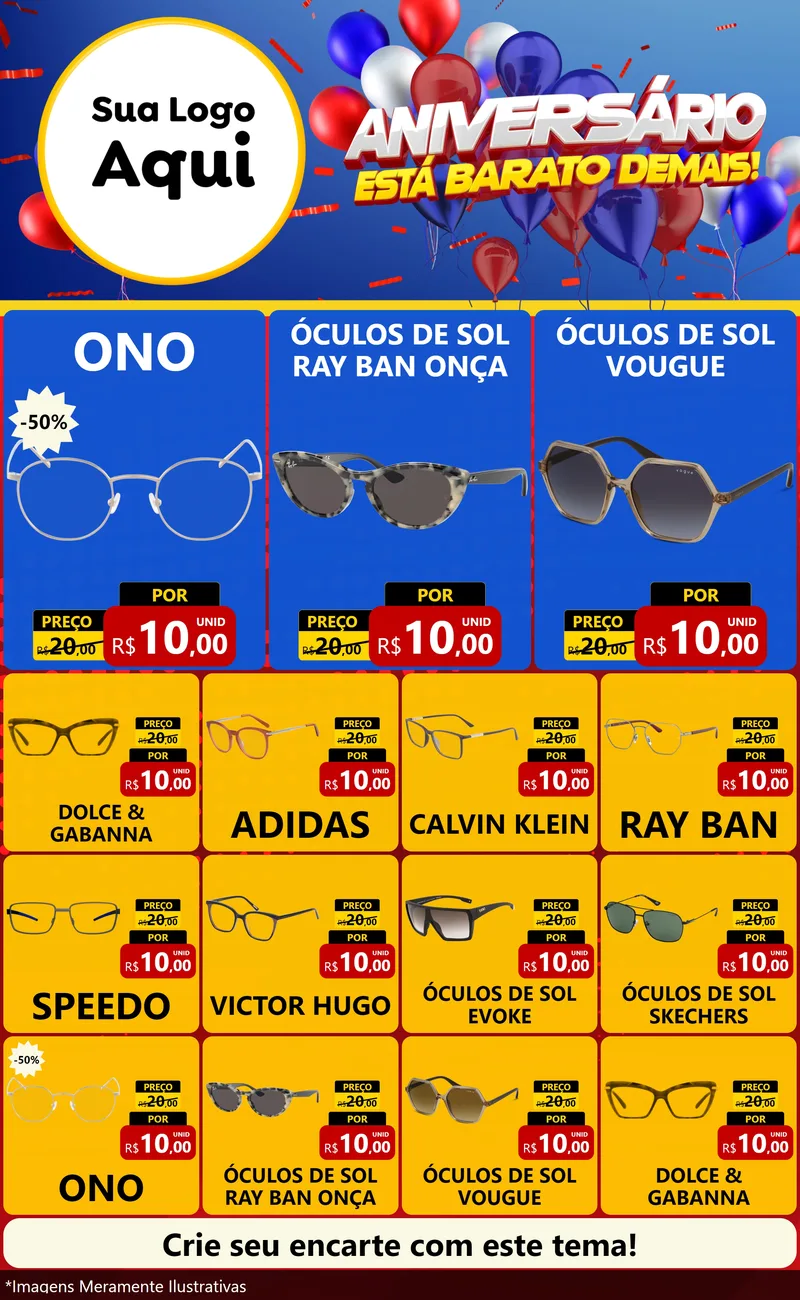 Modelo de Encarte para Encarte Grande com o tema Aniversário para Óticas