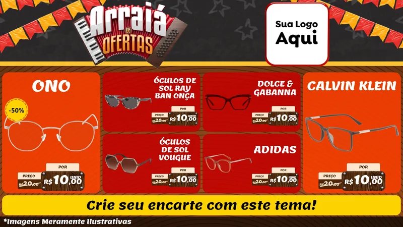Modelo de TV para TV Horizontal com o tema Arraiá de Ofertas - Junina para Óticas