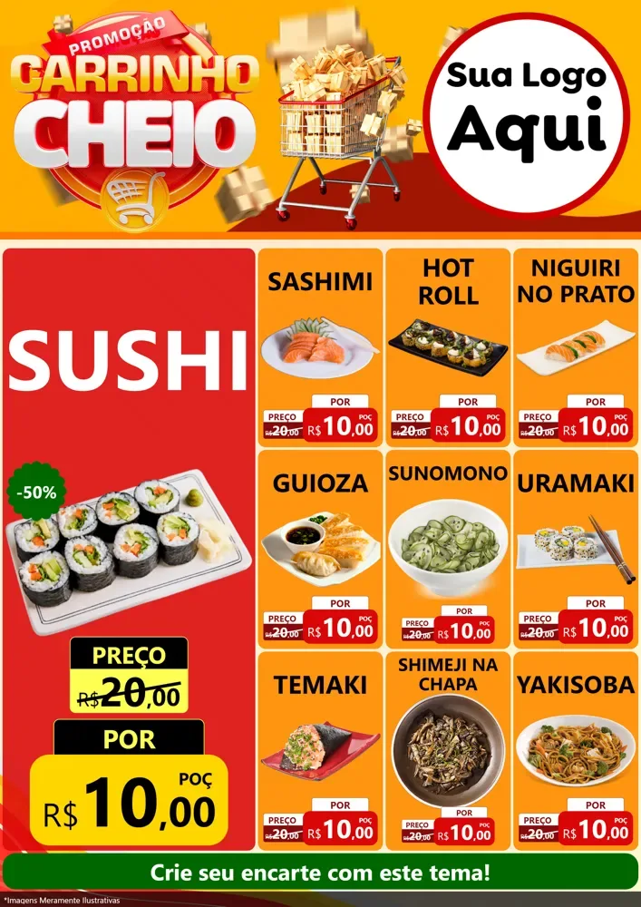 Modelo de Encarte para Encarte A4 Vertical com o tema Promoção carrinho cheio para Comida japonesa