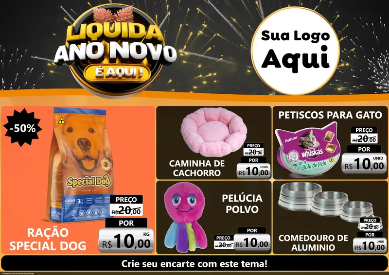 Modelo de Encarte para Encarte A4 Horizontal com o tema Liquida Ano Novo É Aqui! para Pet Shop