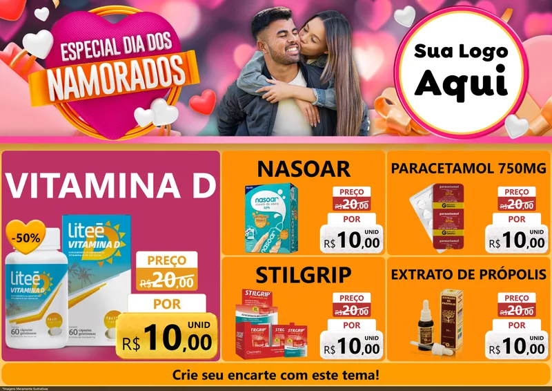 Modelo de Encarte para Encarte A4 Horizontal com o tema Especial Dia dos Namorados para Farmácia