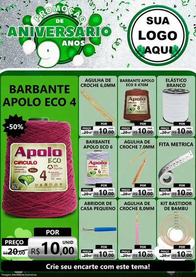 Modelo de Encarte para Encarte A4 Vertical com o tema Promoção de Aniversário - 9 Anos para Armarinho e Aviamentos