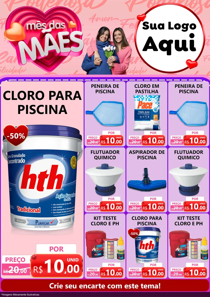 Modelo de Encarte para Encarte A4 Vertical com o tema Mês Das Mães para Produtos para Piscina
