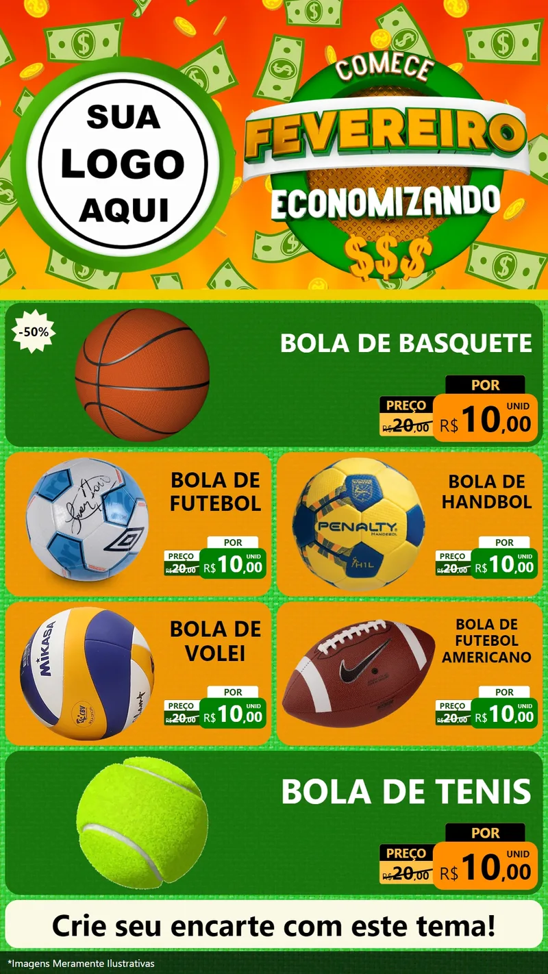 Modelo de TV para TV Vertical com o tema Comece Fevereiro Economizando para Artigos Esportivos