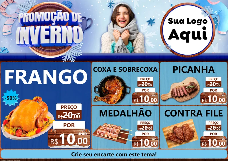 Modelo de Encarte para Encarte A4 Horizontal com o tema Promoção de Inverno para Assados