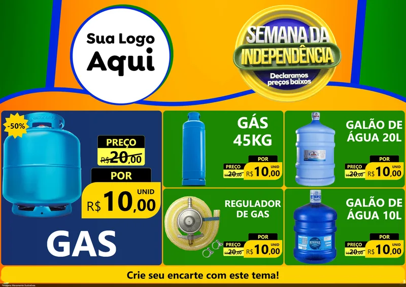 Modelo de Encarte para Encarte A4 Horizontal com o tema Semana da Independência Declaramos Preços Baixos para Água e gás