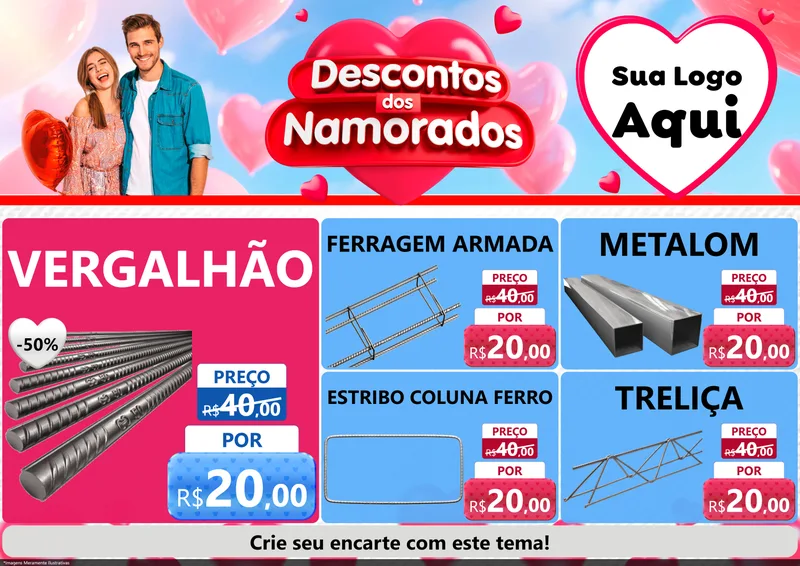 Modelo de Encarte para Encarte A4 Horizontal com o tema Descontos dos Namorados para Ferragens