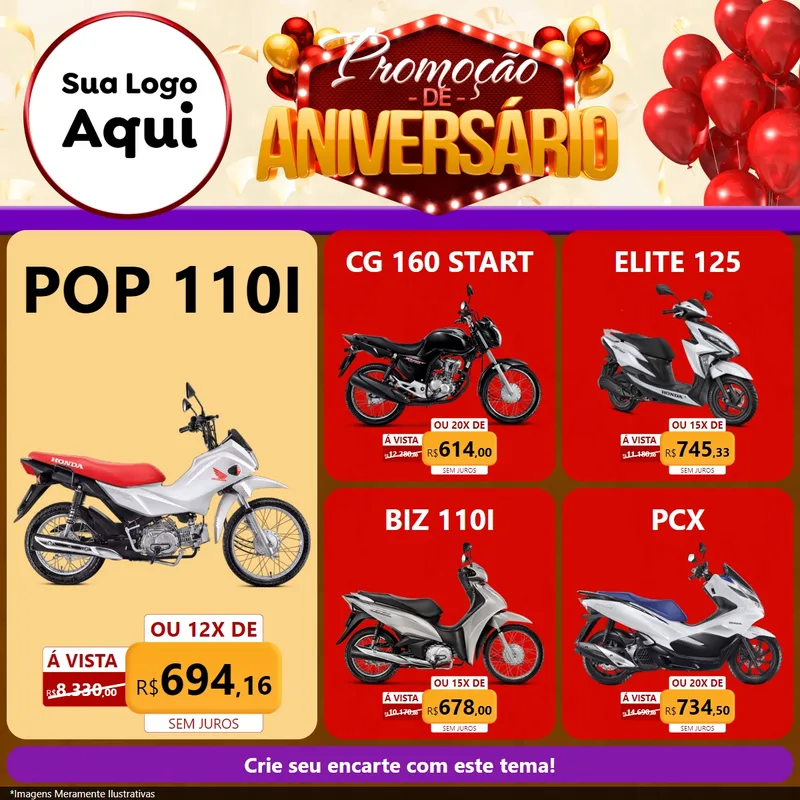 Modelo de Rede Social para Feed Facebook com o tema Promoção de Aniversário para Concessionaria de Motos