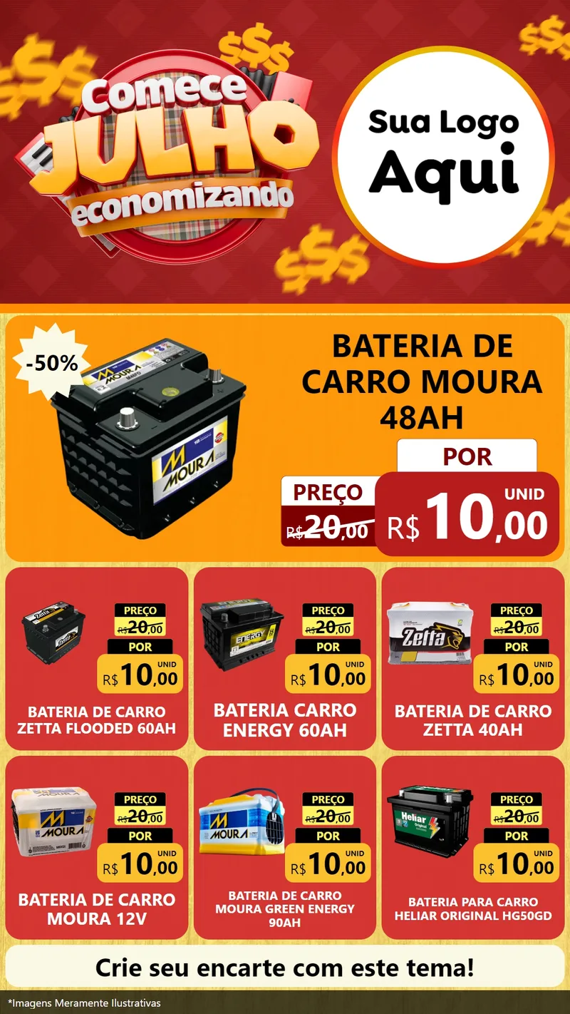 Modelo de Rede Social para Stories com o tema Comece Julho Economizando para Baterias Elétricas