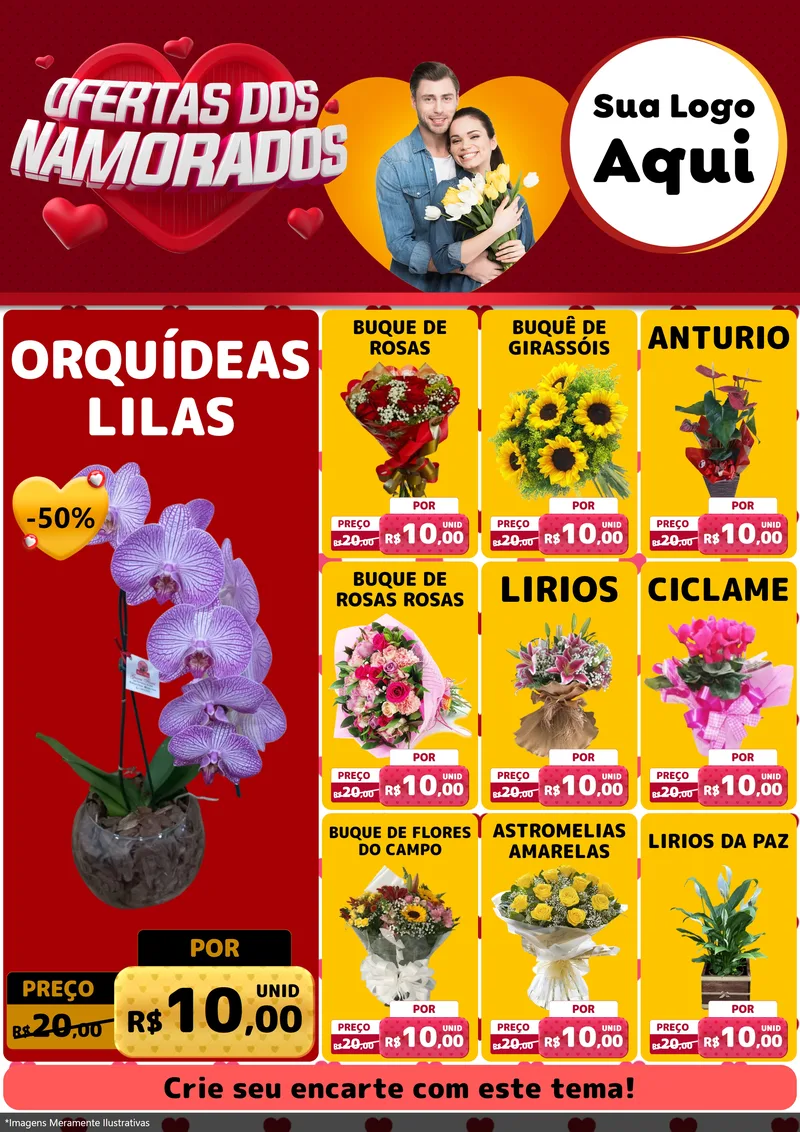 Modelo de Encarte para Encarte A4 Vertical com o tema Ofertas Dos Namorados para Floricultura e jardim