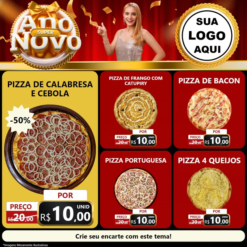 Modelo de Rede Social para Feed Facebook com o tema Super Ano Novo para Pizzaria