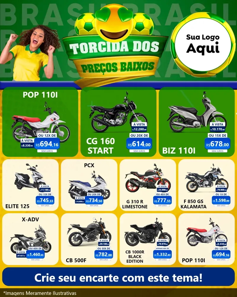 Modelo de Rede Social para Feed Instagram com o tema Torcida dos Preços Baixos - Copa para Concessionaria de Motos