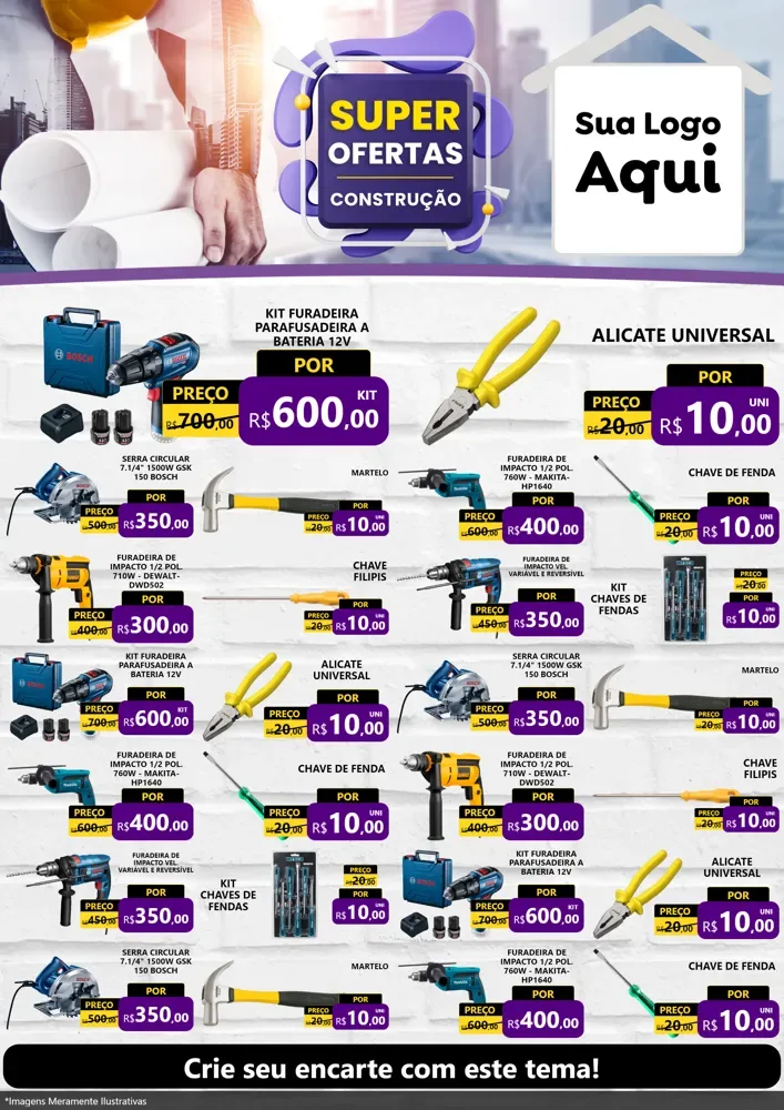 Modelo de Encarte para Encarte A4 Vertical com o tema Super Ofertas - Construção para Maquinas e Ferramentas