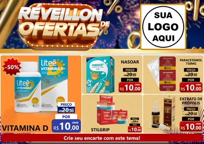 Modelo de Encarte para Encarte A4 Horizontal com o tema Réveillon de Ofertas para Farmácia