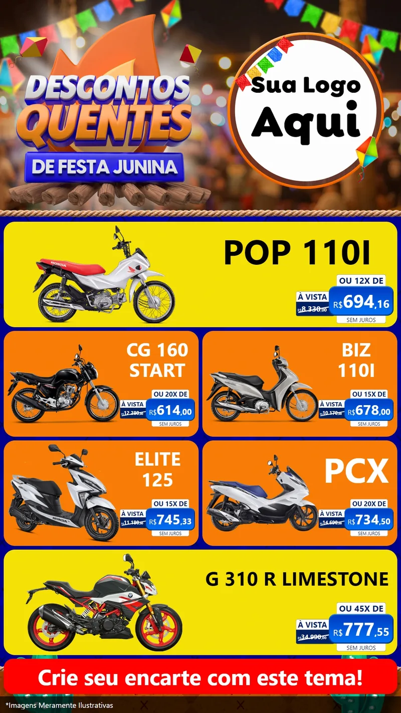 Modelo de TV para TV Vertical com o tema Descontos Quentes de Festa Junina para Concessionaria de Motos