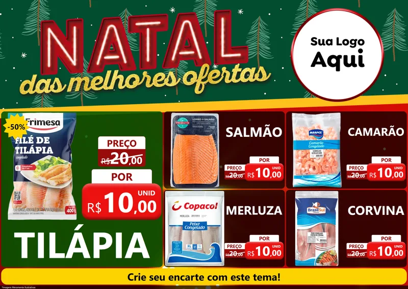 Modelo de Encarte para Encarte A4 Horizontal com o tema Natal das Melhores Ofertas para Peixaria