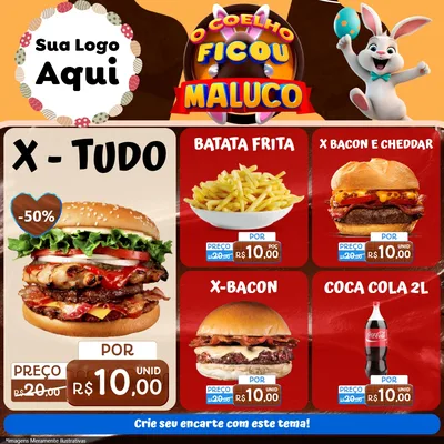 Modelo de Rede Social para Feed Facebook com o tema O Coelho Ficou Maluco - Páscoa para Hamburgueria