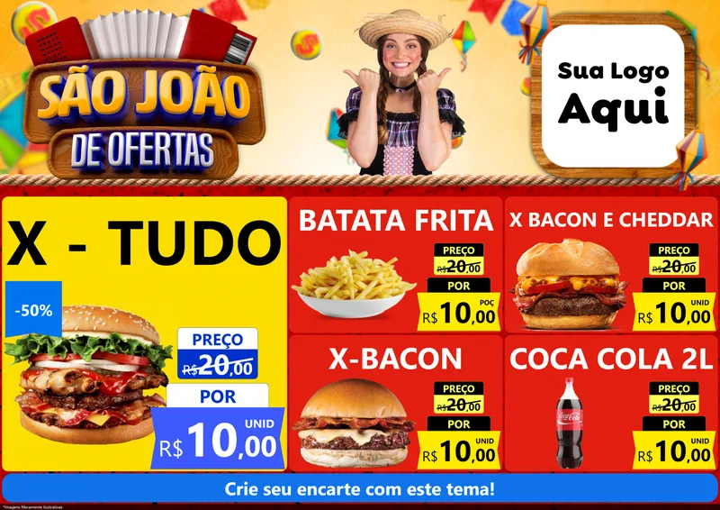 Modelo de Encarte para Encarte A4 Horizontal com o tema São João de Ofertas para Hamburgueria