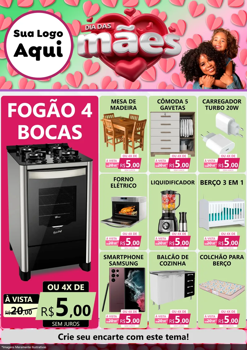 Modelo de Encarte para Encarte A4 Vertical com o tema Dia das Mães para Móveis e Eletro