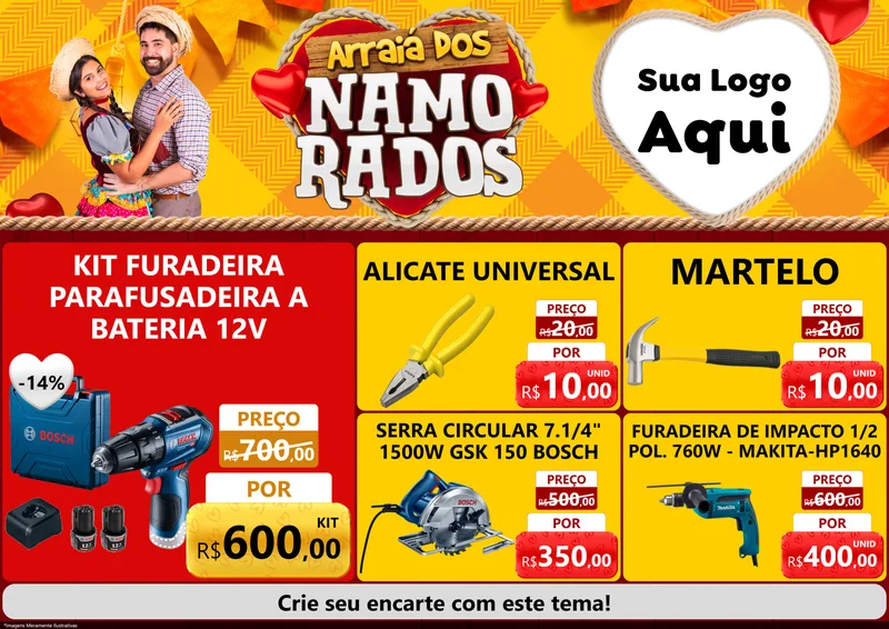 Modelo de Encarte para Encarte A4 Horizontal com o tema Arraiá dos Namorados para Maquinas e Ferramentas