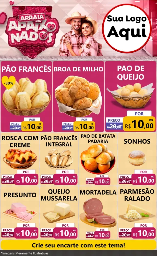 Modelo de Encarte para Encarte Grande com o tema Arraiá dos Apaixonados - Junina para Padaria