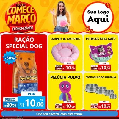 Modelo de Rede Social para Feed Facebook com o tema Comece Março Economizando para Pet Shop