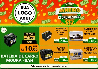 Modelo de Encarte para Encarte A4 Horizontal com o tema Comece Janeiro Economizando para Baterias Elétricas