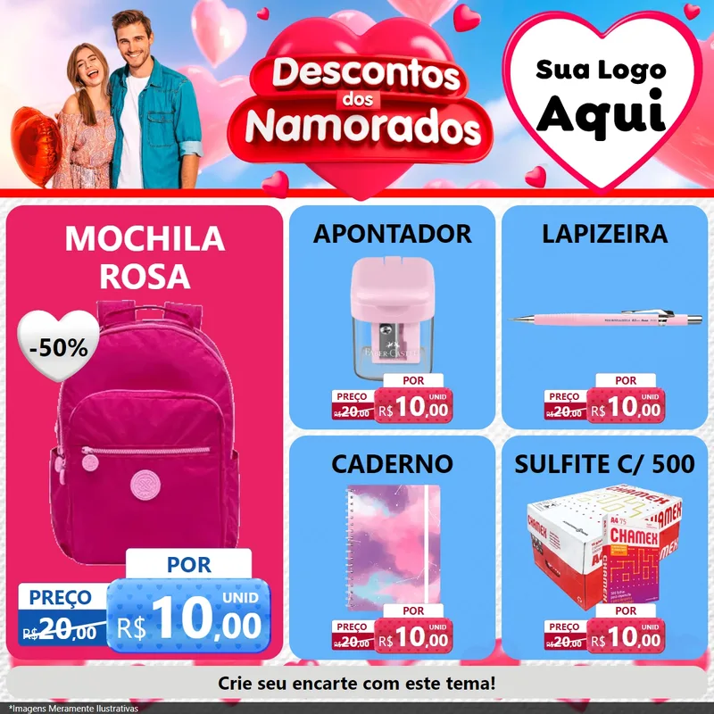 Modelo de Rede Social para Feed Facebook com o tema Descontos dos Namorados para Papelaria