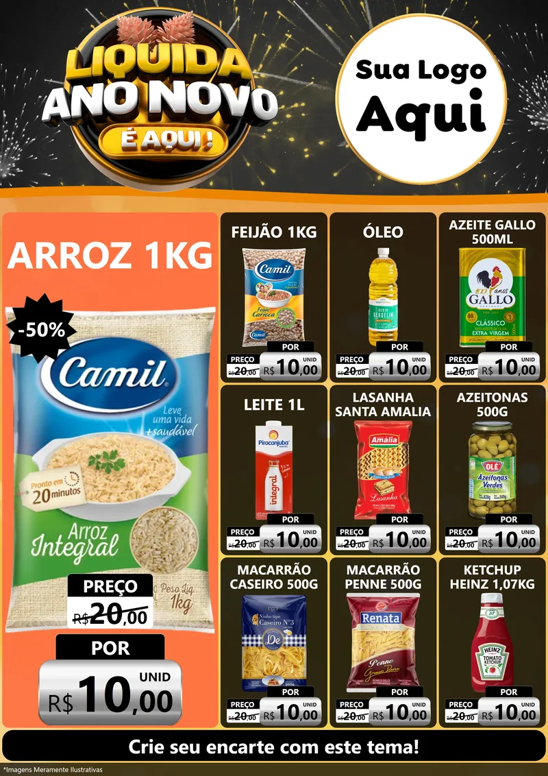 Modelo de Encarte para Encarte A4 Vertical com o tema Liquida Ano Novo É Aqui! para Supermercado