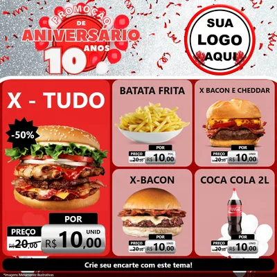 Modelo de Rede Social para Feed Facebook com o tema Promoção de Aniversário - 10 Anos para Hamburgueria