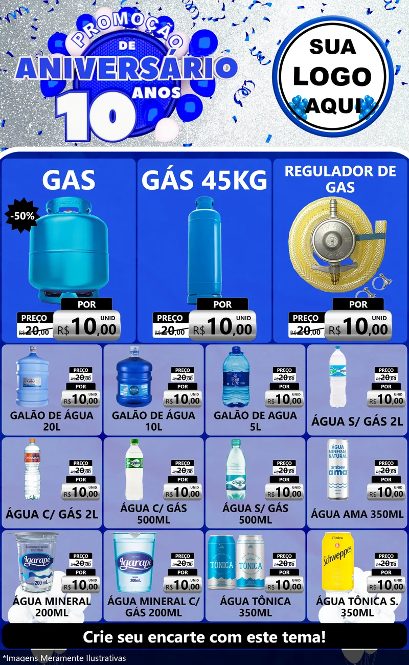 Modelo de Encarte para Encarte Grande com o tema Promoção de Aniversário - 10 Anos para Água e gás
