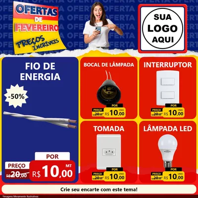 Modelo de Rede Social para Feed Facebook com o tema Ofertas de Fevereiro - Preços Incríveis para Materiais Elétricos