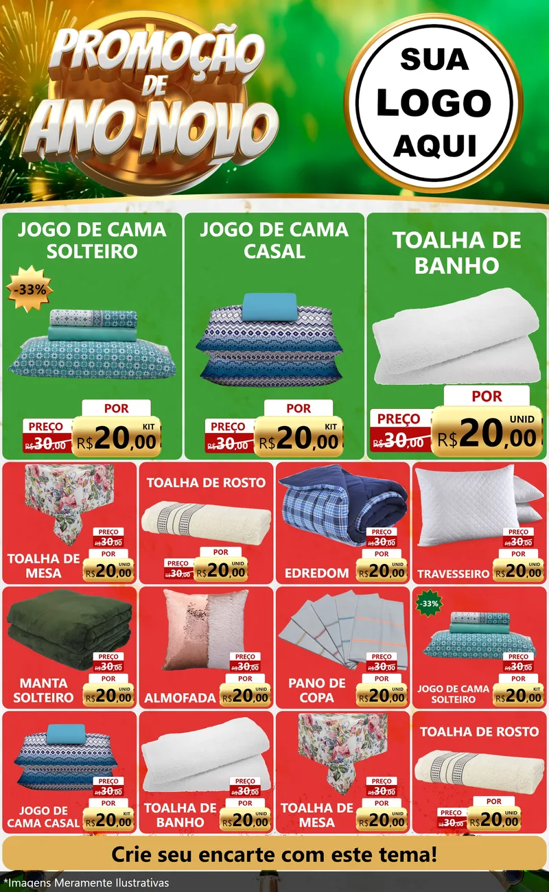 Modelo de Encarte para Encarte Grande com o tema Promoção de Ano Novo para Cama, Mesa e Banho