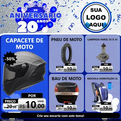 Modelo de Rede Social para Feed Facebook com o tema Promoção de Aniversário - 20 Anos para Moto peças