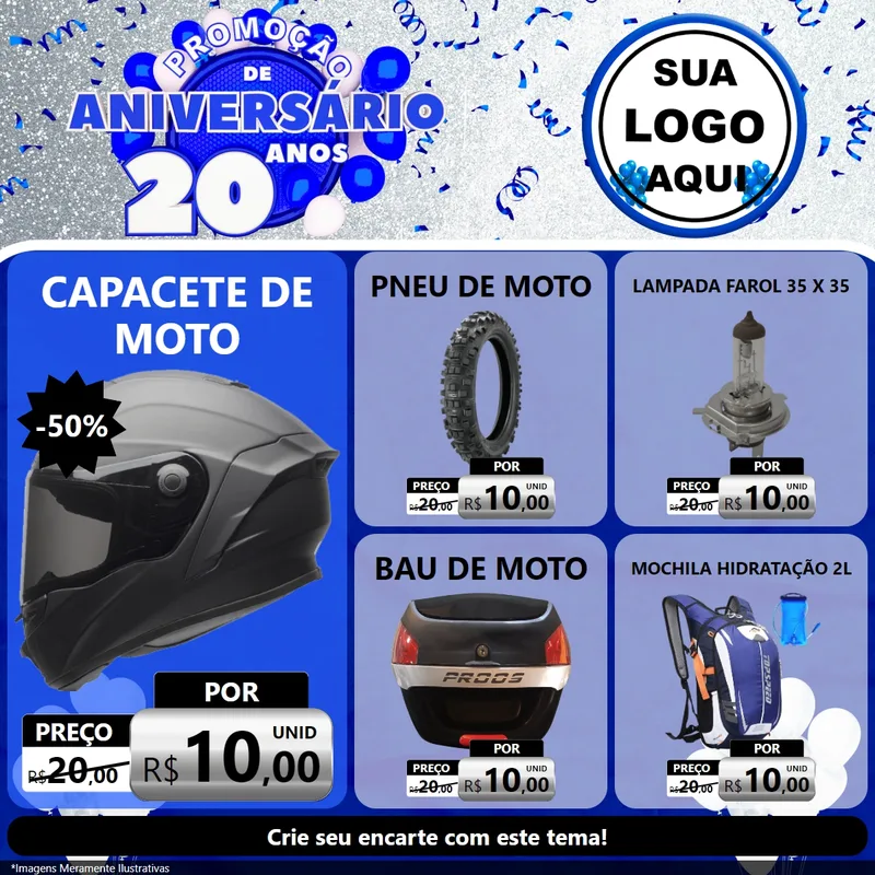 Modelo de Rede Social para Feed Facebook com o tema Promoção de Aniversário - 20 Anos para Moto peças
