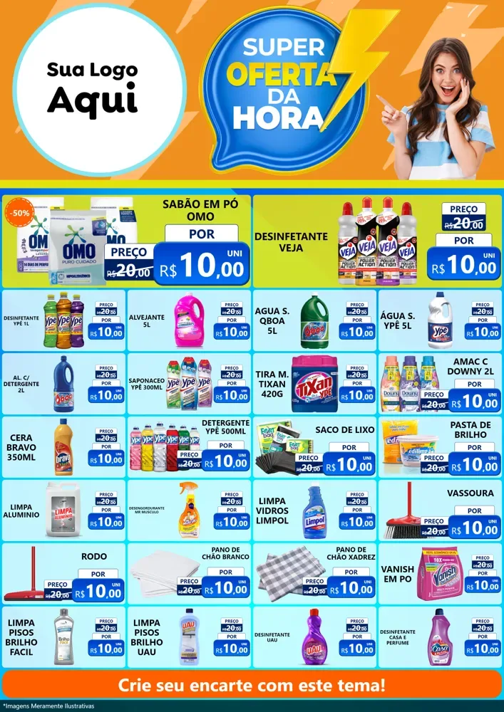 Modelo de Encarte para Encarte A4 Vertical com o tema Super Oferta da Hora para Produtos de Limpeza