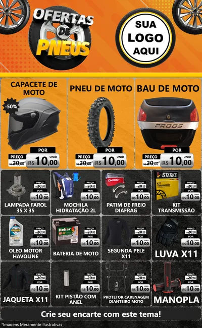 Modelo de Encarte para Encarte Grande com o tema Ofertas de Pneus para Moto peças
