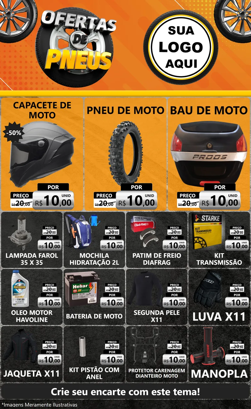 Modelo de Encarte para Encarte Grande com o tema Ofertas de Pneus para Moto peças