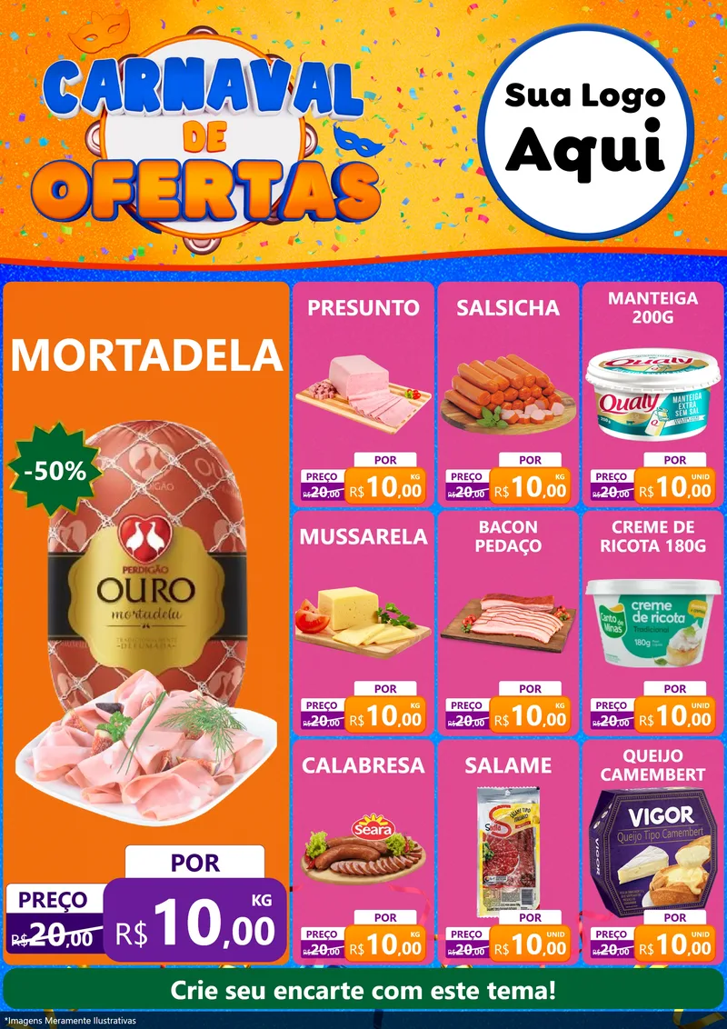Modelo de Encarte para Encarte A4 Vertical com o tema Carnaval de Ofertas para Frios e Laticínios
