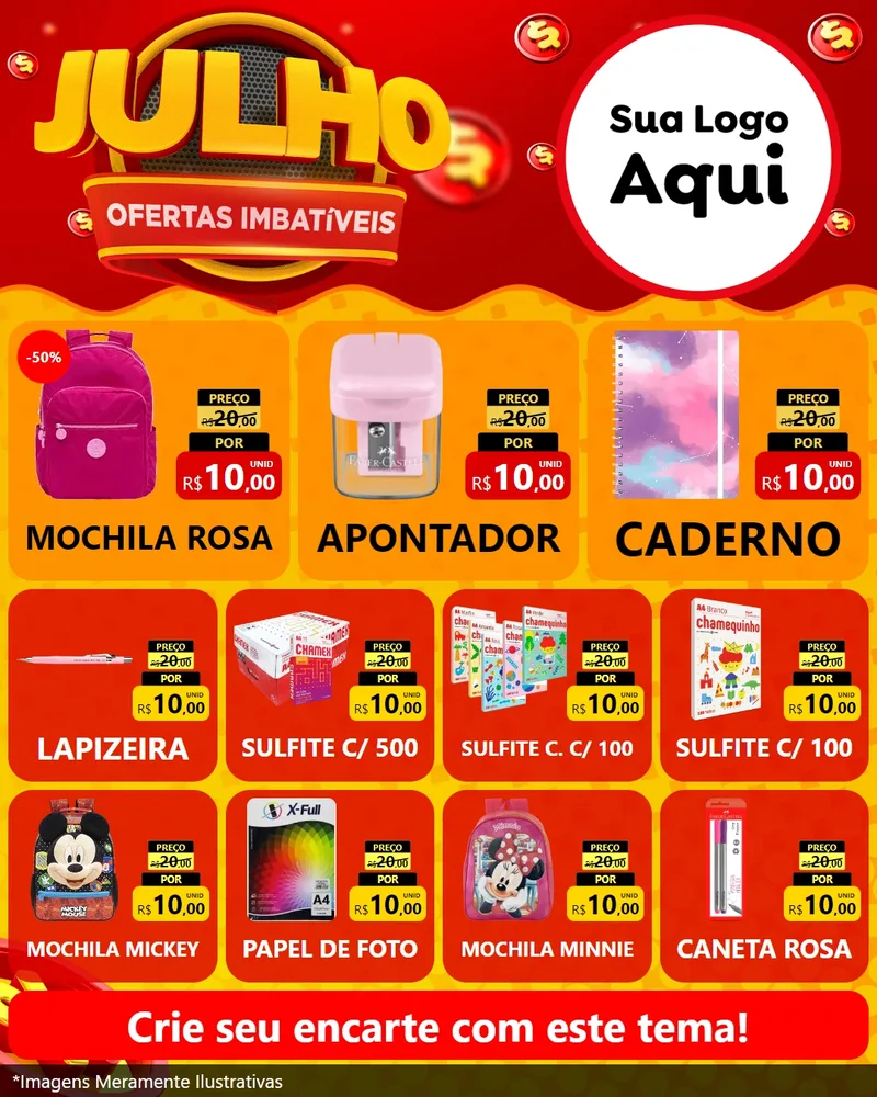 Modelo de Rede Social para Feed Instagram com o tema Julho Ofertas Imbatíveis para Papelaria