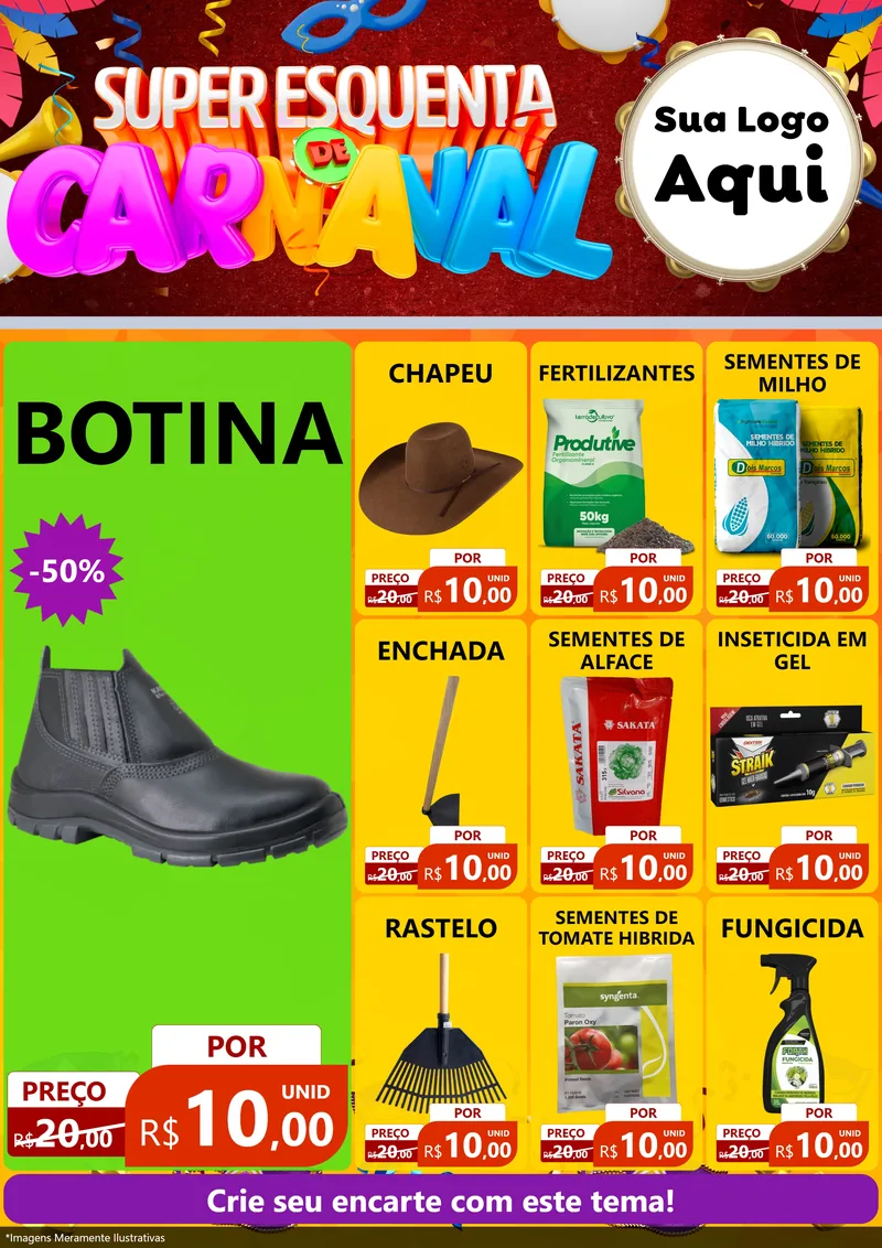 Modelo de Encarte para Encarte A4 Vertical com o tema Super Esquenta de Carnaval para Agropecuária