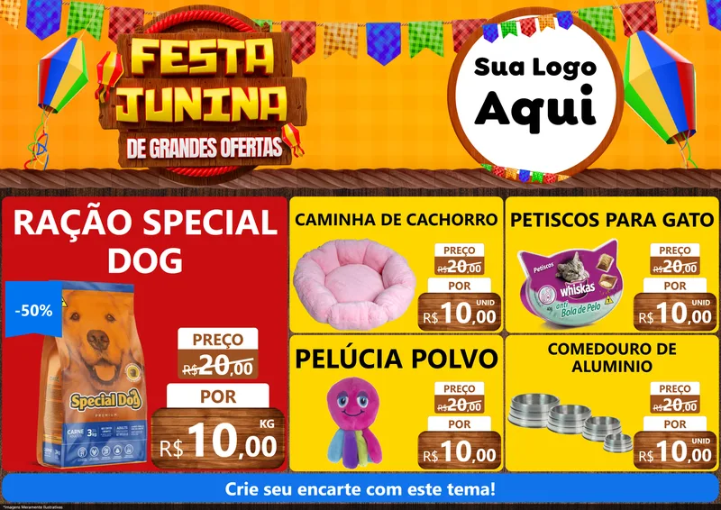 Modelo de Encarte para Encarte A4 Horizontal com o tema Festa Junina de Grandes Ofertas para Pet Shop
