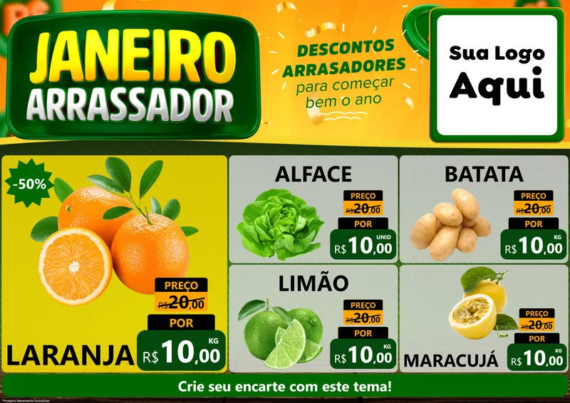 Modelo de Encarte para Encarte A4 Horizontal com o tema Janeiro Arrasador para Hortifrúti