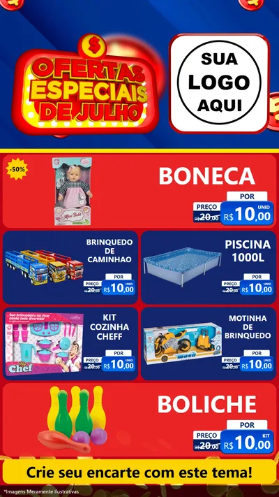 Modelo de TV para TV Vertical com o tema Ofertas Especiais de Julho para Brinquedos
