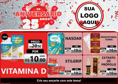 Modelo de Encarte para Encarte A4 Horizontal com o tema Promoção de Aniversário - 25Anos para Farmácia
