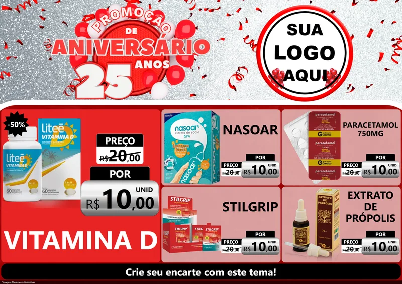 Modelo de Encarte para Encarte A4 Horizontal com o tema Promoção de Aniversário - 25Anos para Farmácia