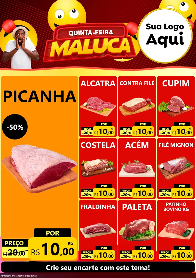 Modelo de Encarte para Encarte A4 Vertical com o tema Quinta-feira Maluca para Açougue