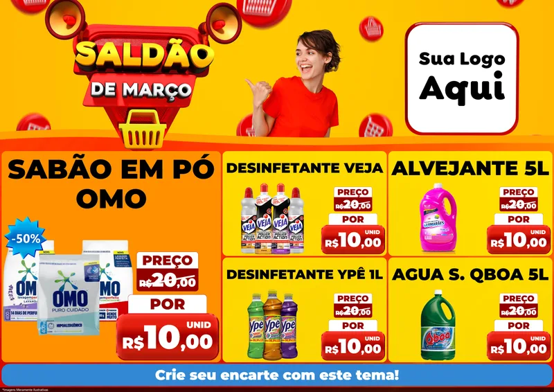 Modelo de Encarte para Encarte A4 Horizontal com o tema Saldão de Março para Produtos de Limpeza