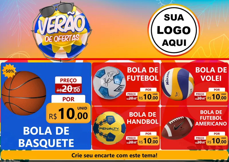 Modelo de Encarte para Encarte A4 Horizontal com o tema Verão de Ofertas para Artigos Esportivos